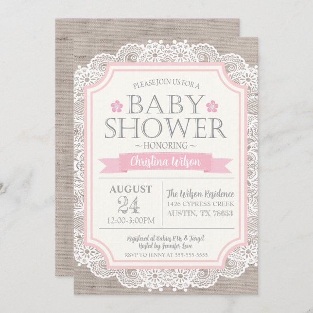 Burlap Pink & Lace Baby Shower Invitation (Front/Back)