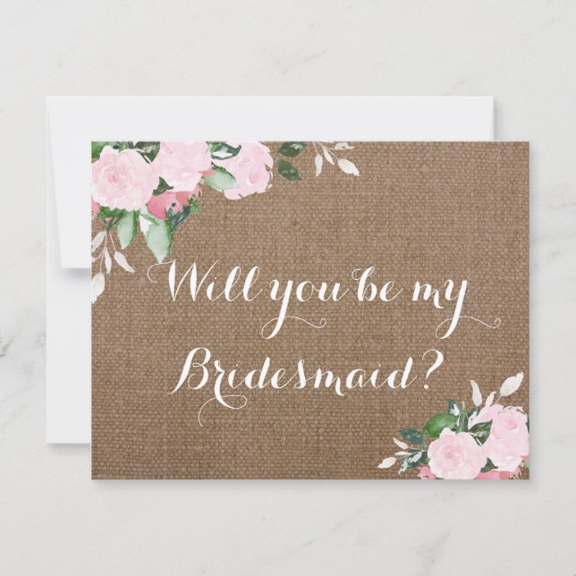 Burlap Pink Peonies Bridesmaid Proposal Invitation (Front)