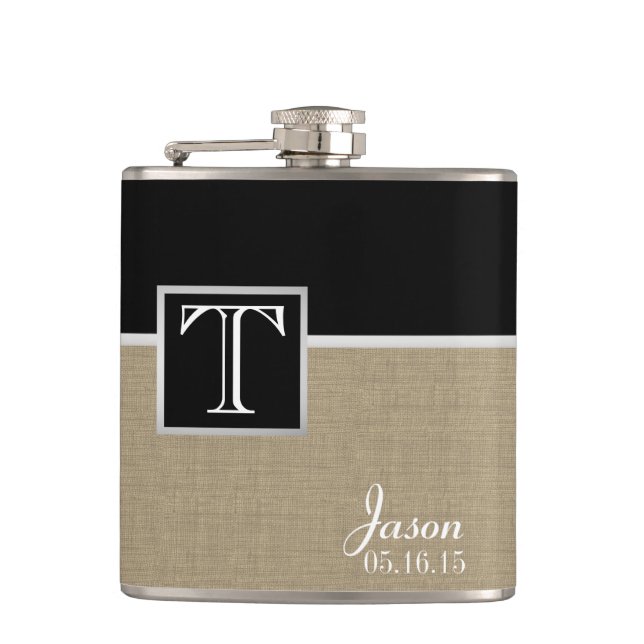 Burlap Print and Monogram Hip Flask (Front)