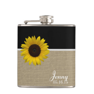 Burlap Print and Sunflower Hip Flask