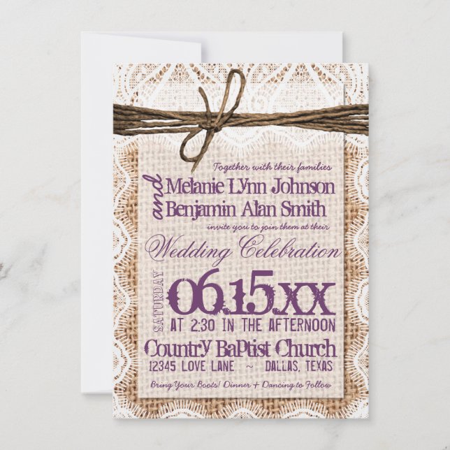 Burlap Print Plum Typography Wedding Invitations (Front)