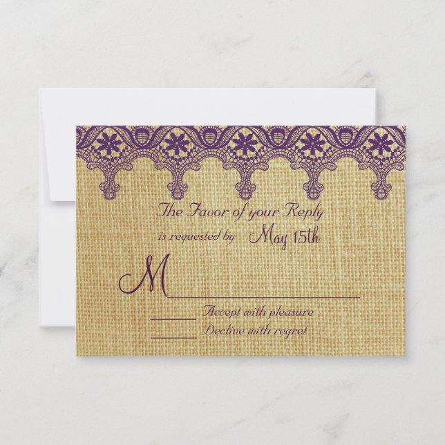 Burlap Purple Damask Lace Wedding RSVP Cards (Front)