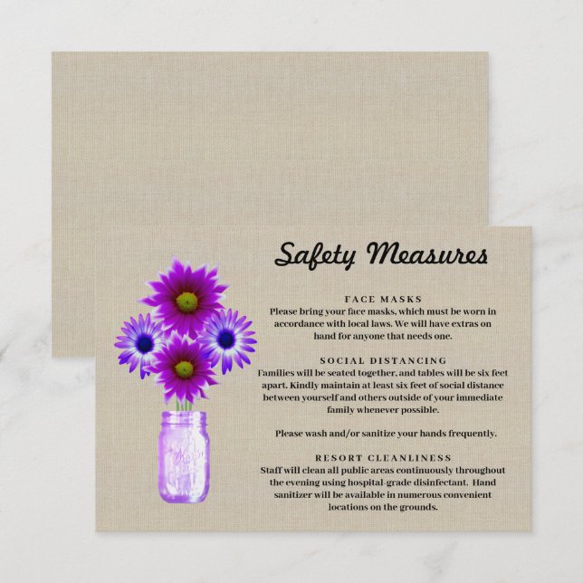 Burlap Purple Floral Mason Jar Safety Measures Enclosure Card (Front/Back)