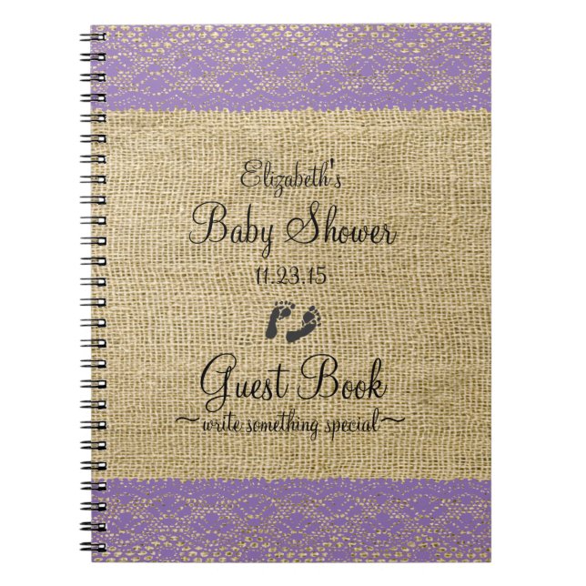 Burlap Purple Lace Image Baby Shower Guest Book (Front)