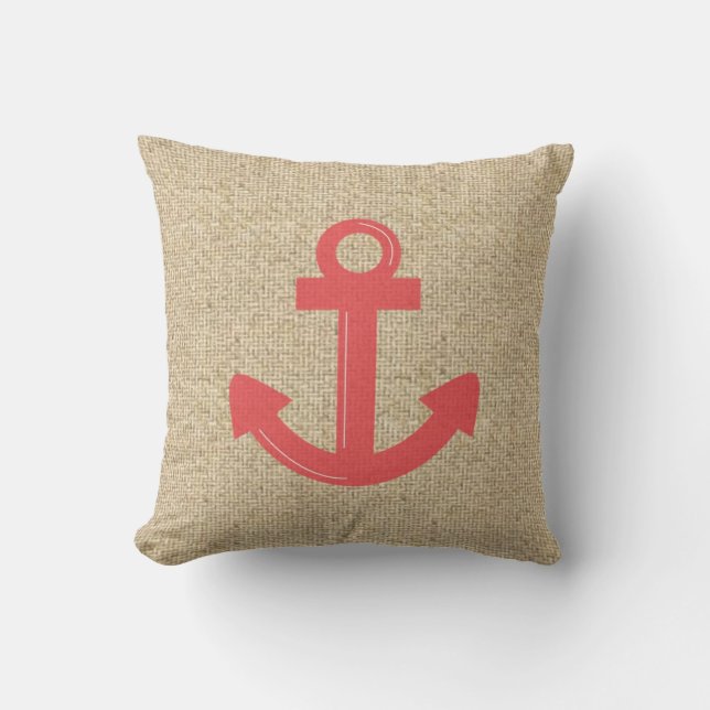 Burlap red boat anchor decorative pillow (Front)