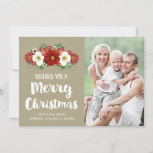 Burlap Red Floral Merry Christmas Photo Card