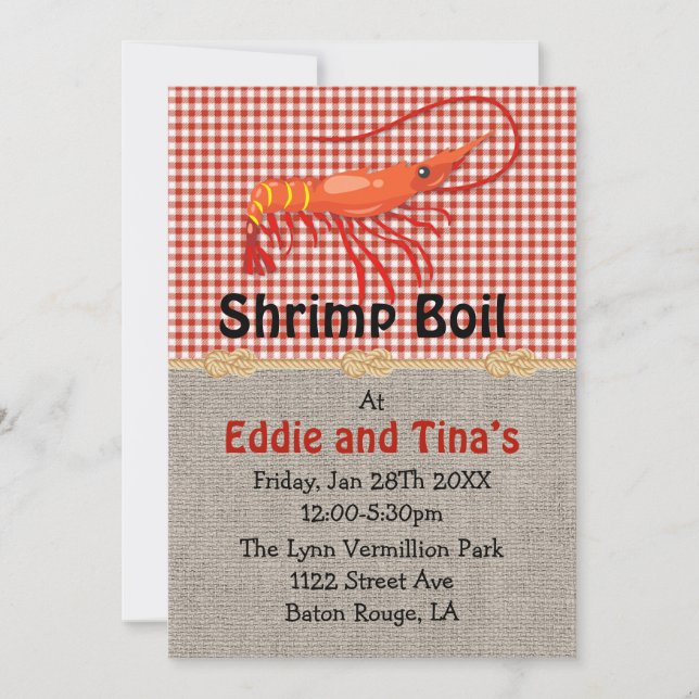 Burlap Red Gingham Shrimp Boil Invitation (Front)
