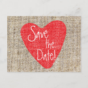 Burlap Red Heart Valentine Wedding Save Postcard