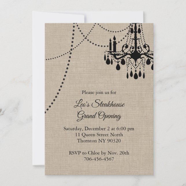 Burlap Restaurant Grand Opening with Chandelier Invitation (Front)