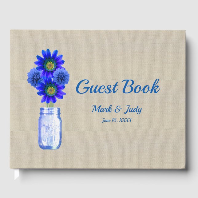 Burlap Rustic Blue Floral Mason Jar Wedding Guest Book (Front)