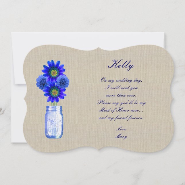Burlap Rustic Blue Mason Jar Maid Of Honour Card (Front)