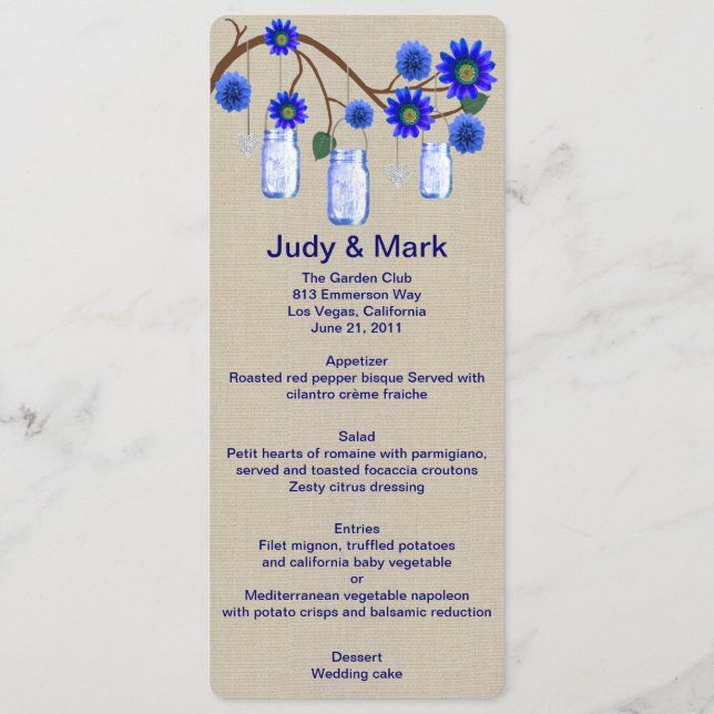 Burlap Rustic Blue Mason Jars Menu Card (Front)