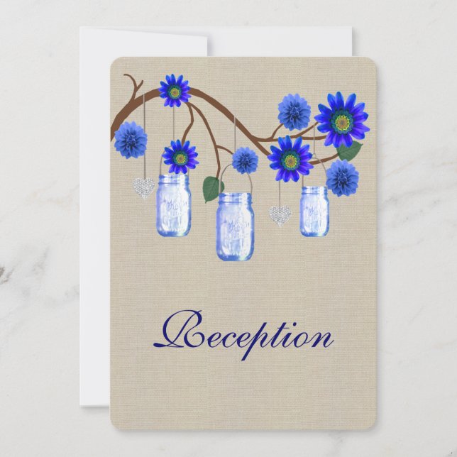 Burlap Rustic Blue Mason Jars Reception Card (Front)
