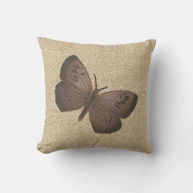 Burlap rustic brown butterfly decorative pillow (Front)