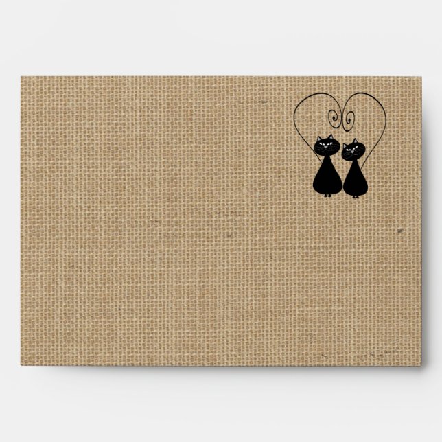Burlap rustic funny cats in love wedding envelopes (Front)