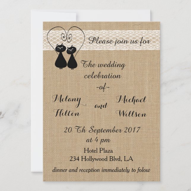 Burlap rustic funny cats in love wedding invitation (Front)
