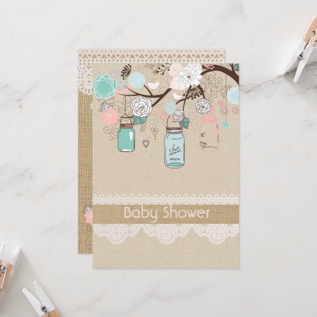 Burlap Rustic Lace Mason Jar Baby Shower Invitatio Invitation (Front/Back In Situ)