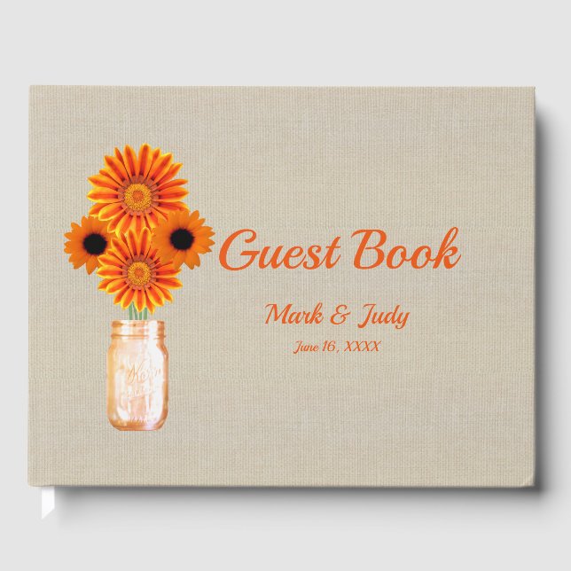 Burlap Rustic Orange Floral Mason Jar Wedding Guest Book (Front)