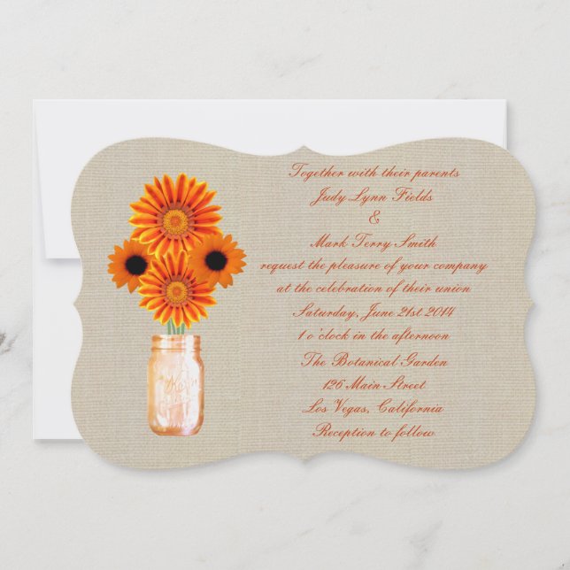 Burlap Rustic Orange Mason Jar Wedding Invitation (Front)