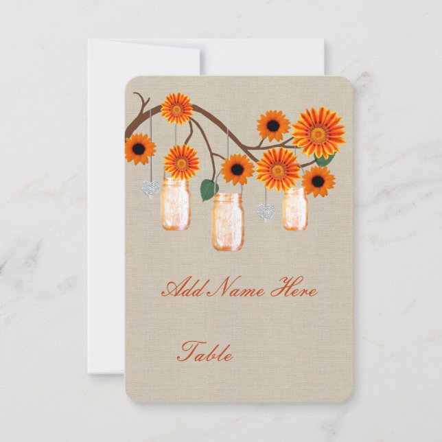 Burlap Rustic Orange Mason Jars Table Place Card (Front)