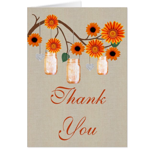 Burlap Rustic Orange Mason Jars Thank You Card (Front)