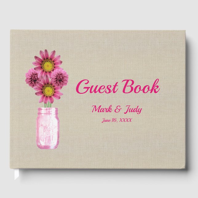 Burlap Rustic Pink Floral Mason Jar Wedding Guest Book (Front)