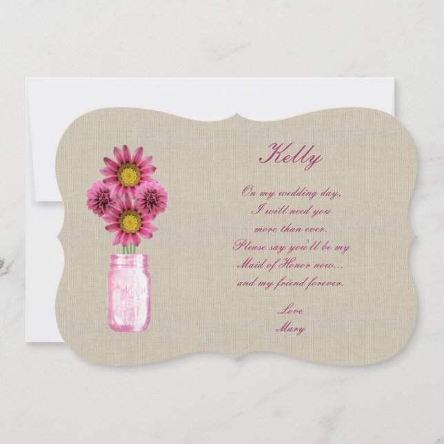 Burlap Rustic Pink Mason Jar Maid Of Honour Card (Front)