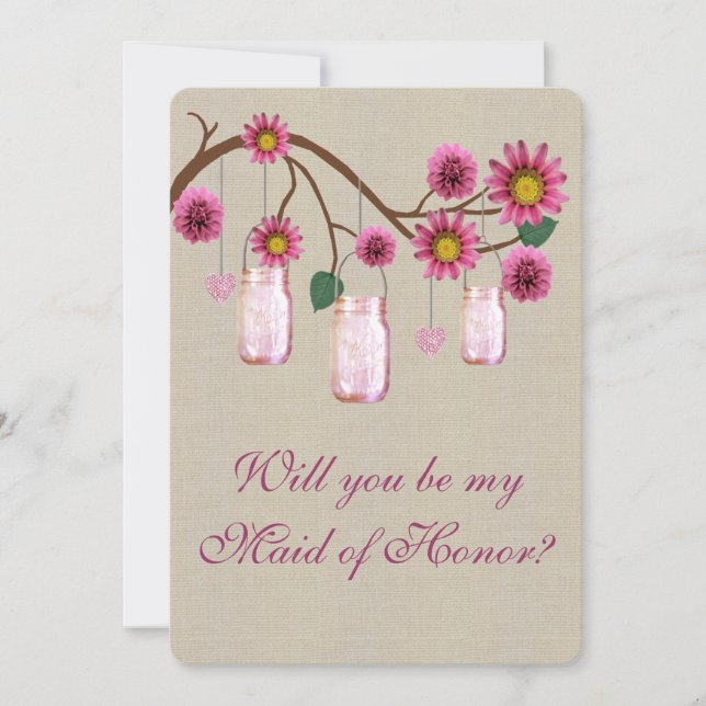 Burlap Rustic Pink Mason Jars Maid Of Honour Card (Front)
