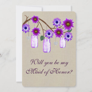 Burlap Rustic Purple Mason Jars Maid Of Honour Car Invitation