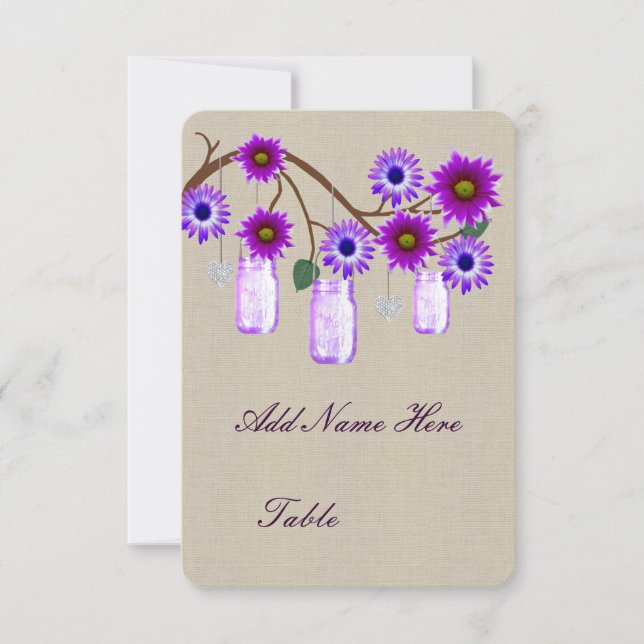 Burlap Rustic Purple Mason Jars Table Place Card (Front)