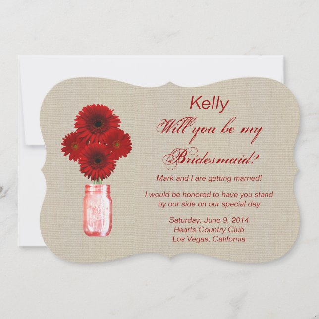 Burlap Rustic Red Mason Jar Bridesmaid Card (Front)