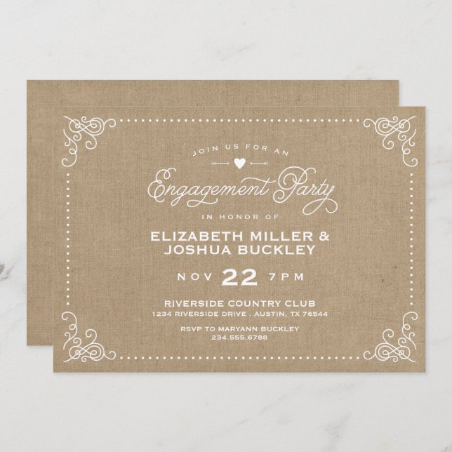 Burlap Rustic Script Engagement Party Invitation (Front/Back)