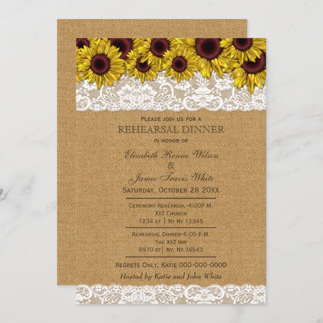 Burlap Rustic Sunflowers rehearsal dinner invites (Front/Back)