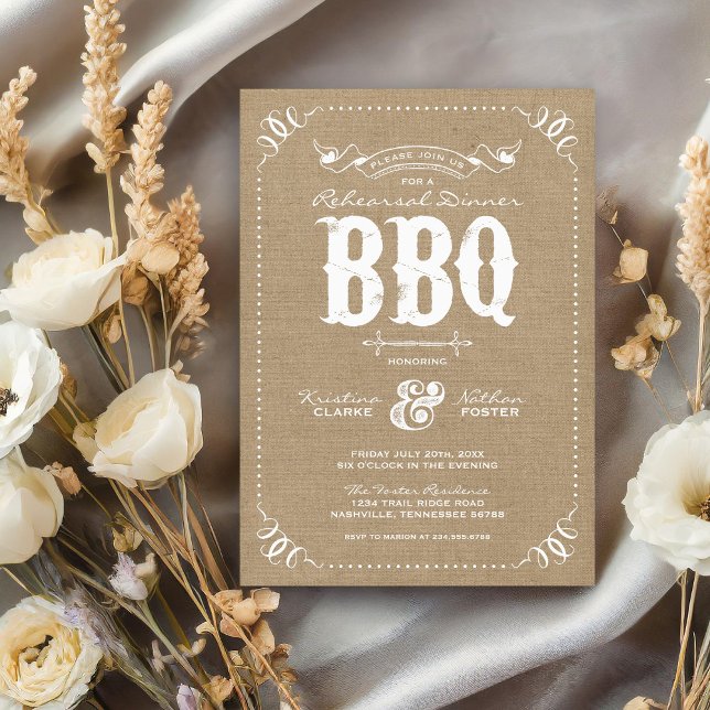 Burlap Rustic Vintage Chic Rehearsal Dinner BBQ Invitation (Creator Uploaded)
