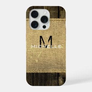 Burlap Rustic Vintage Wood Look Monogram iPhone 15 Pro Case