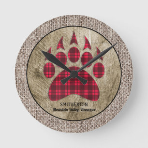 Burlap Rustic Wood Red Buffalo Plaid Bear Paw Round Clock