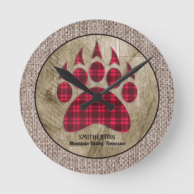 Burlap Rustic Wood Red Buffalo Plaid Bear Paw Round Clock (Front)