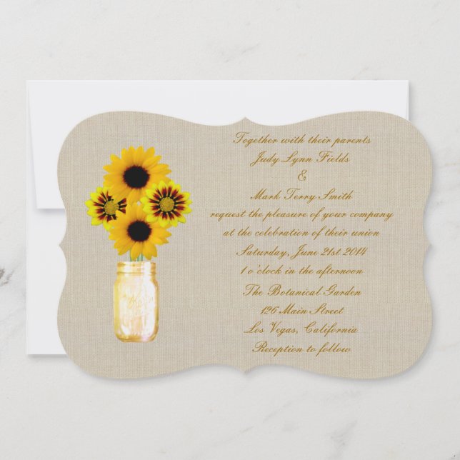 Burlap Rustic Yellow Mason Jar Wedding Invitation (Front)
