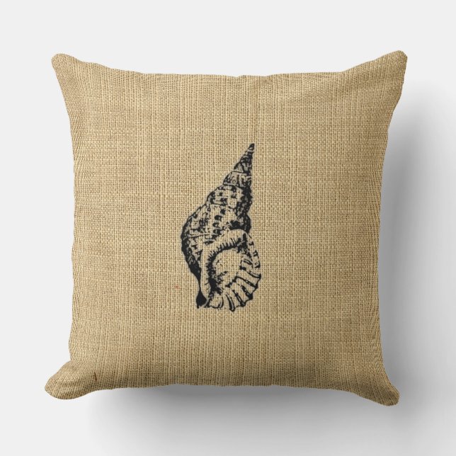 Burlap + SeaShell Illustration Sealife Design Cushion (Front)