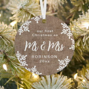 Burlap Snowflakes Our First Christmas Mr & Mrs Metal Tree Decoration
