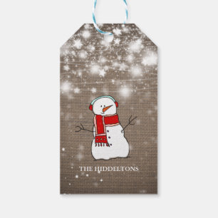Burlap Stars Christmas Cute Snowman Script Holiday Gift Tags