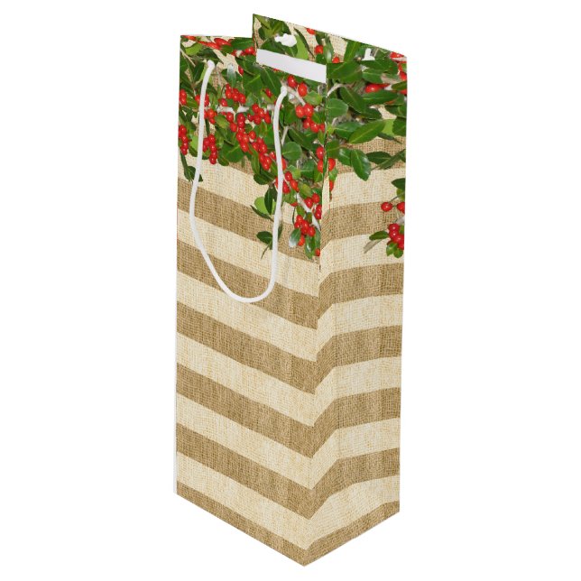 Burlap Stripes and Christmas Yaupon Holly Wine Gift Bag (Front Angled)