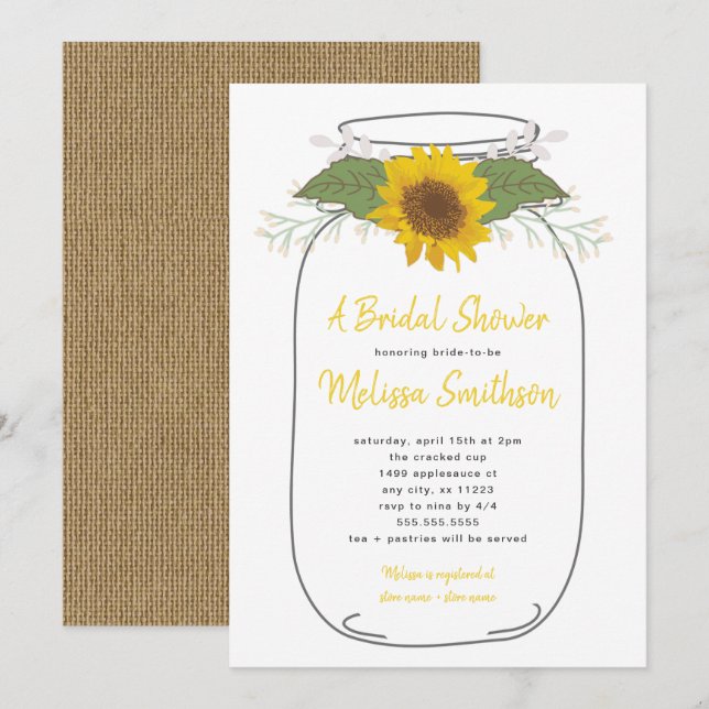Burlap Sunflower Mason Jar Bridal Shower | white Invitation (Front/Back)