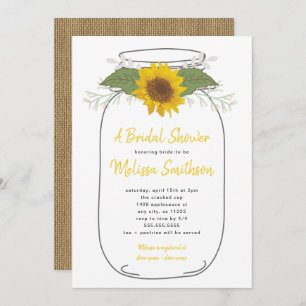 Burlap Sunflower Mason Jar Bridal Shower   white Invitation