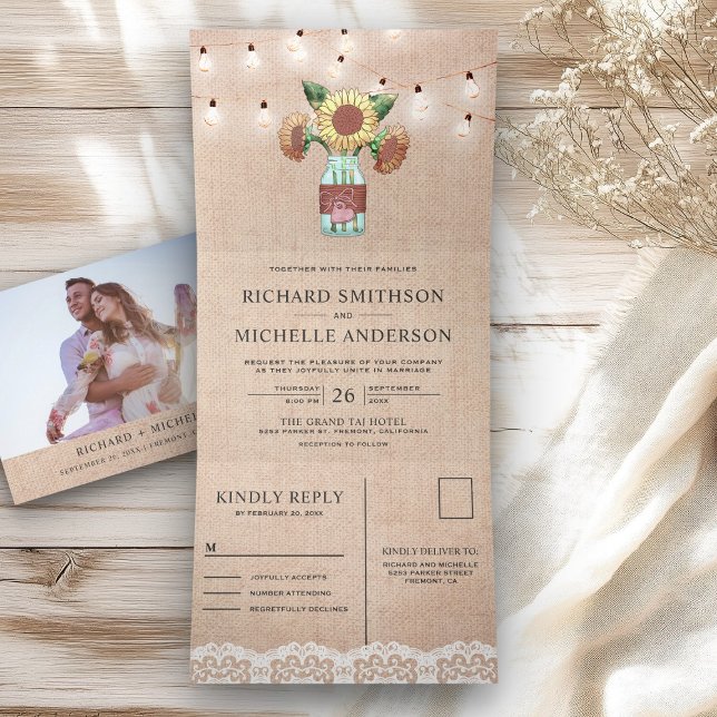Burlap Sunflower Mason Jar String Lights Wedding Tri-Fold Invitation (Creator Uploaded)