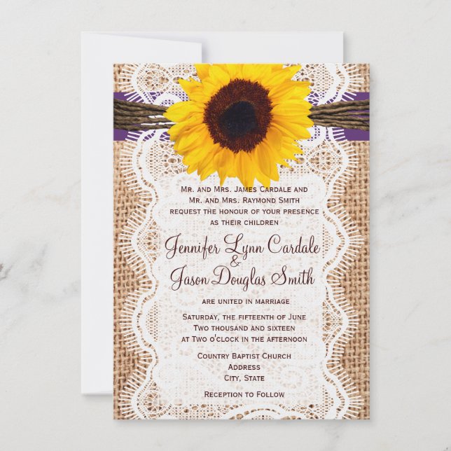Burlap Sunflower Purple Accent Wedding Invites (Front)