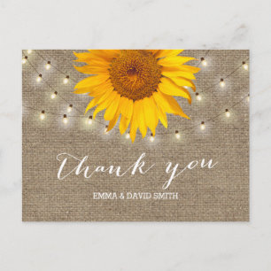 Burlap Sunflower & String Lights Thank You Postcard