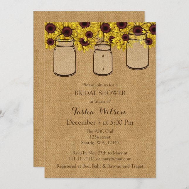 Burlap Sunflowers Mason Jars Bridal Shower Invite (Front/Back)