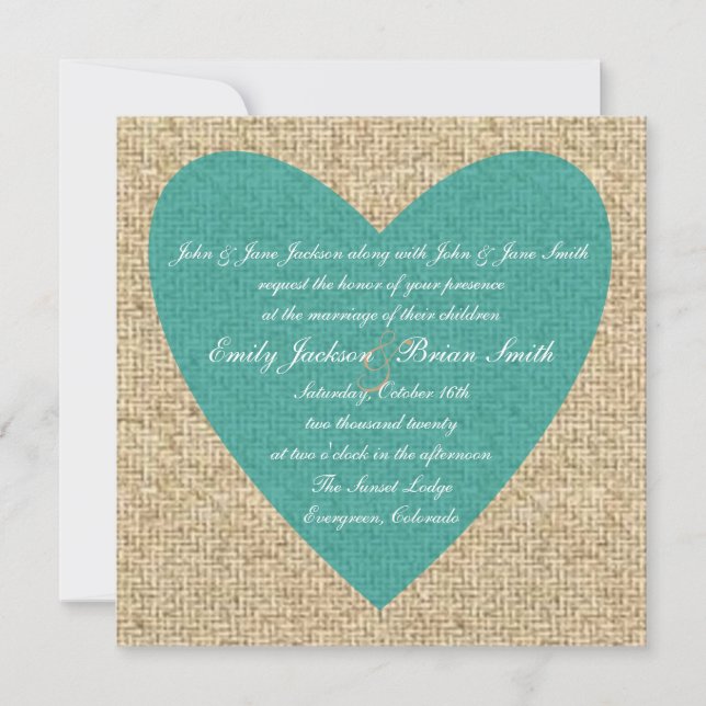 Burlap teal heart rustic wedding invitations (Front)