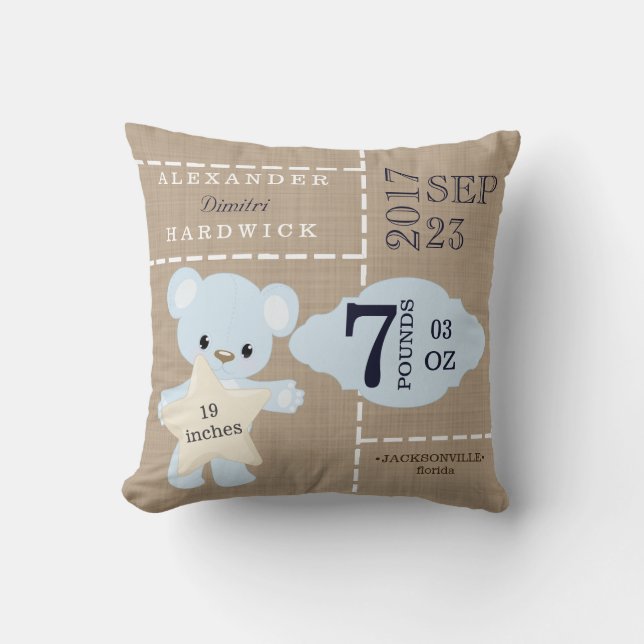 Burlap Teddy Bear Blue Birth Stats Keepsake Cushion (Front)
